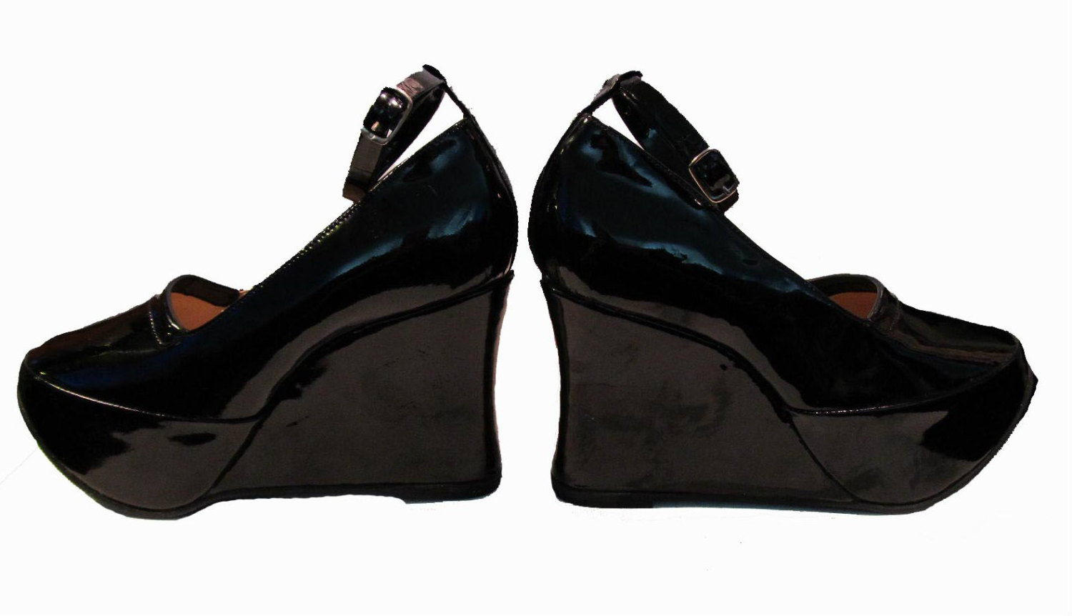Platform Wedge Shoes Womens Black Patent Leather Ankle Strap Etsy