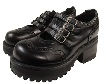 Vintage 1990s Muro Mary Jane Shoes Black Leather Four Buckle Industrial Strength Riot Grrrl Chunky Brogue Shoes Fits a Womens Size 5.
