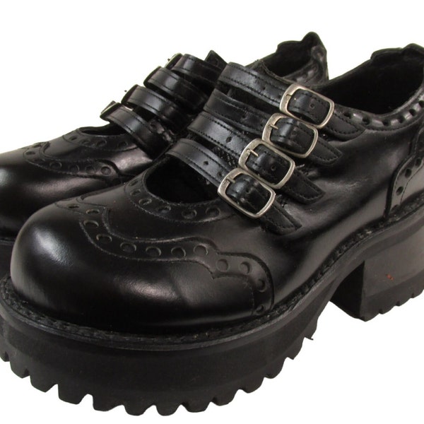 Vintage 1990s Muro Mary Jane Shoes Black Leather Four Buckle Industrial Strength Riot Grrrl Chunky Brogue Shoes Fits a Womens Size 5.