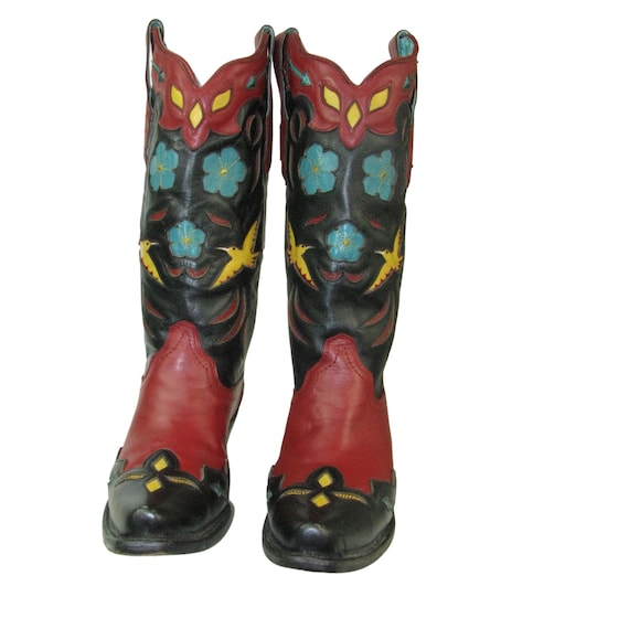 Corral Hand Crafted Cowboy Boots Ladies Red and Black Leather Inlay With Yellow Bird and Blue Flowers Western Boots Women s Size 6 1 2 Etsy