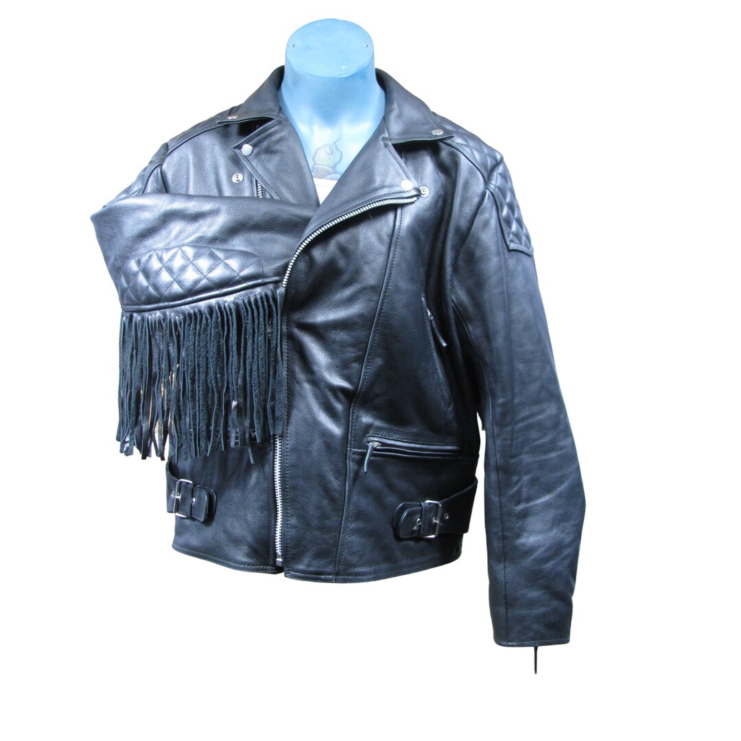 Split Patch Motorcycle Jacket Skintan Mens Black Leather Fringed Padded Shoulders and Elbow Patches ...