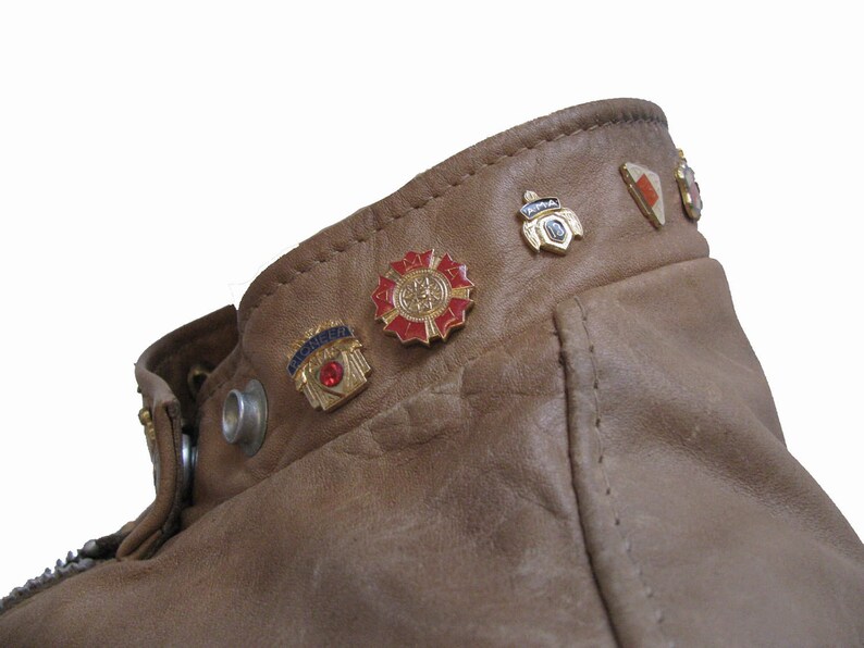 Schott Cafe Racer Motorcycle Jacket Vintage Womens Tan Leather Euro Style Biker Jacket with 20 Years of AMA Pins Around Collar Wms Size 10