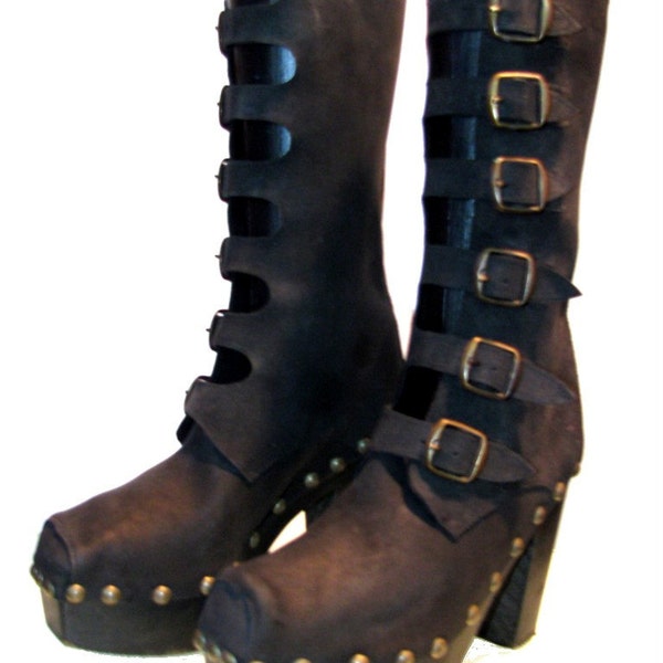 Vintage Black Leather Nubuck Steampunk Boots with Brass Studs and Buckles