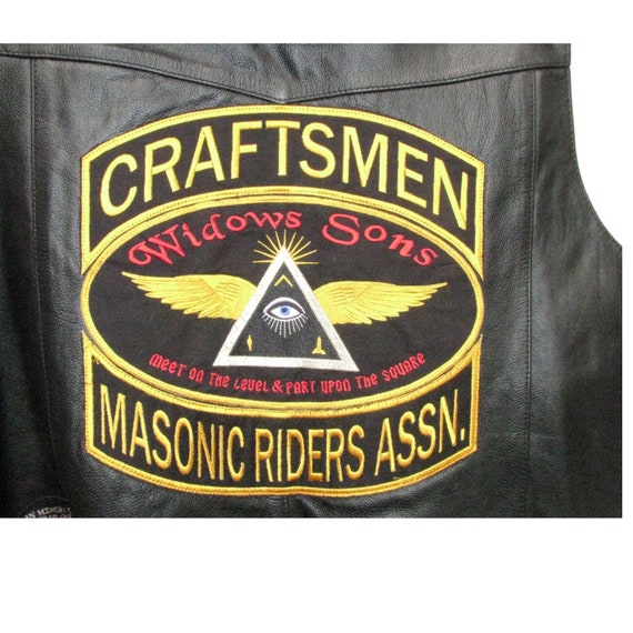 Mens Biker Vest Vintage Black Leather Masonic Mot… - image 3