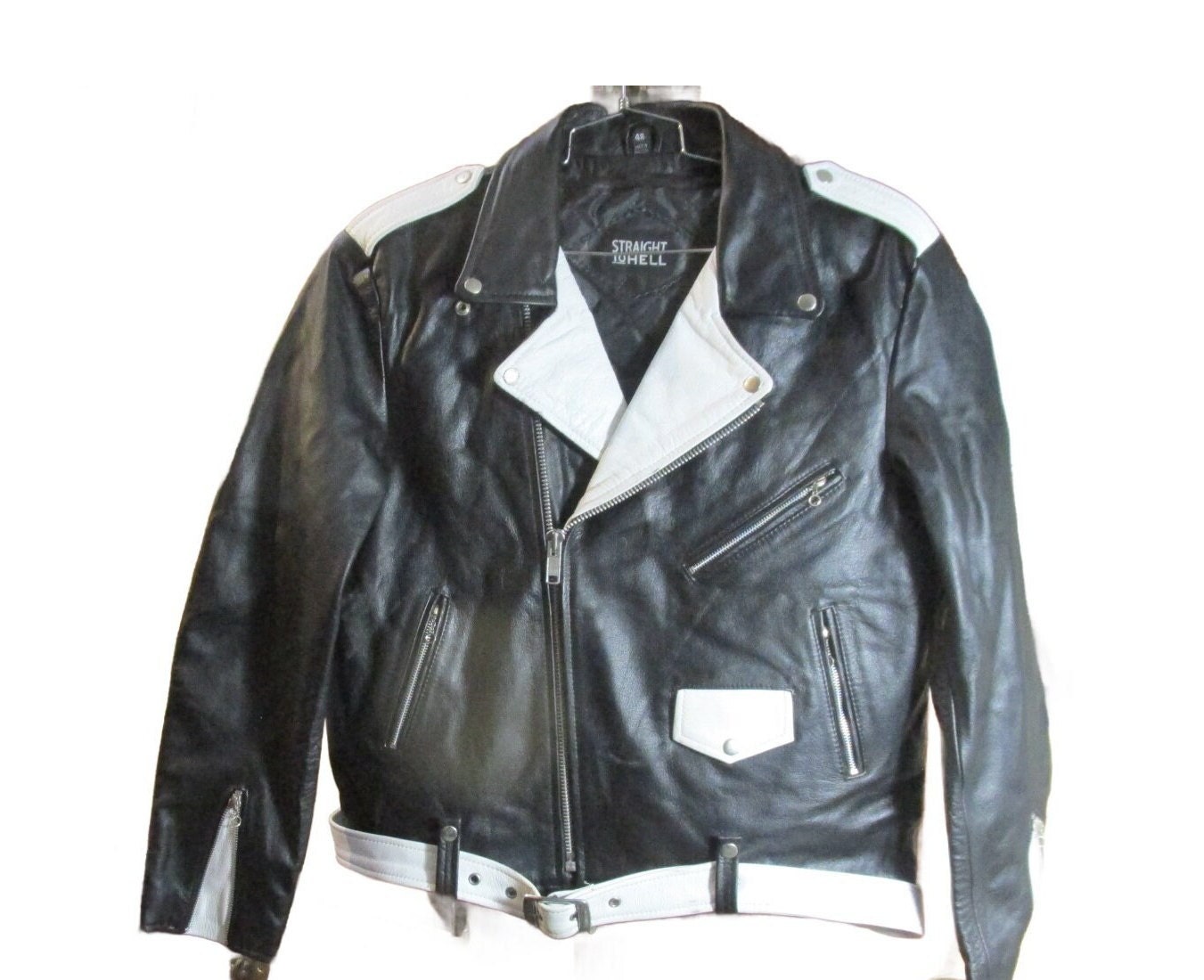 Vintage Straight to Hell Mens Black and White Leather Commando