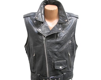 Vintage 1990s Mens First Black Leather Sleeveless Side Lace  Motorcycle Jacket Classic Old School Punk Biker Vest Mens Large Fits Size 42.