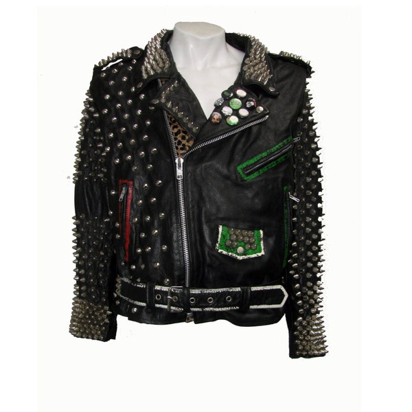 Vintage Punk Leather Jacket Men's Black Leather Studded Hardcore Motorcycle Jacket Fits Mns US Size 46