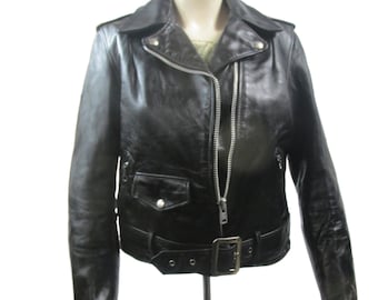 Vintage 1970s Schott Perfecto NYC Style #108W  Black Leather Motorcycle Jacket with Talon Zipper Made In USA Womens size 12 Fits a Medium