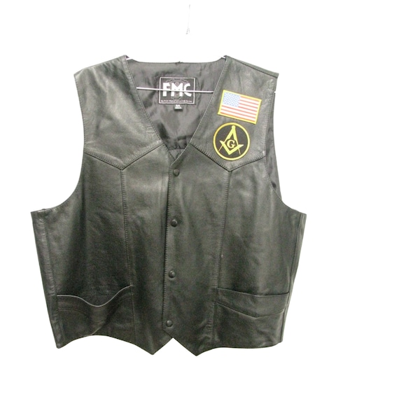 Mens Biker Vest Vintage Black Leather Masonic Mot… - image 2