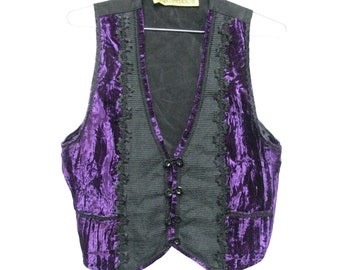 Vintage 1990s Accomplice NYC Mens Purple Crushed Velvet Gothic Glam Formal Waist Coat Vest with Eight Black Jet Buttons Fits Mens Size Large