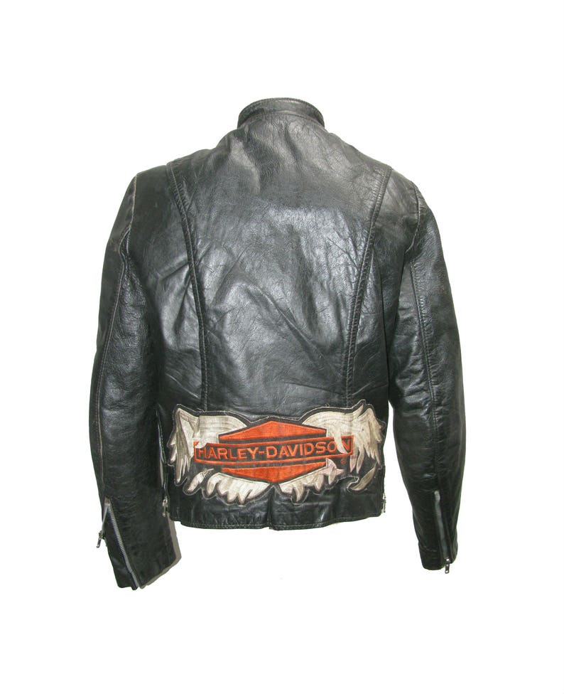 Brooks Cafe Leather Motorcycle Jacket Vintage Black Ltr Euro Style Motor Cycle Riders Jkt With Harley Patch Size 36 Or Sz Small Made In Usa