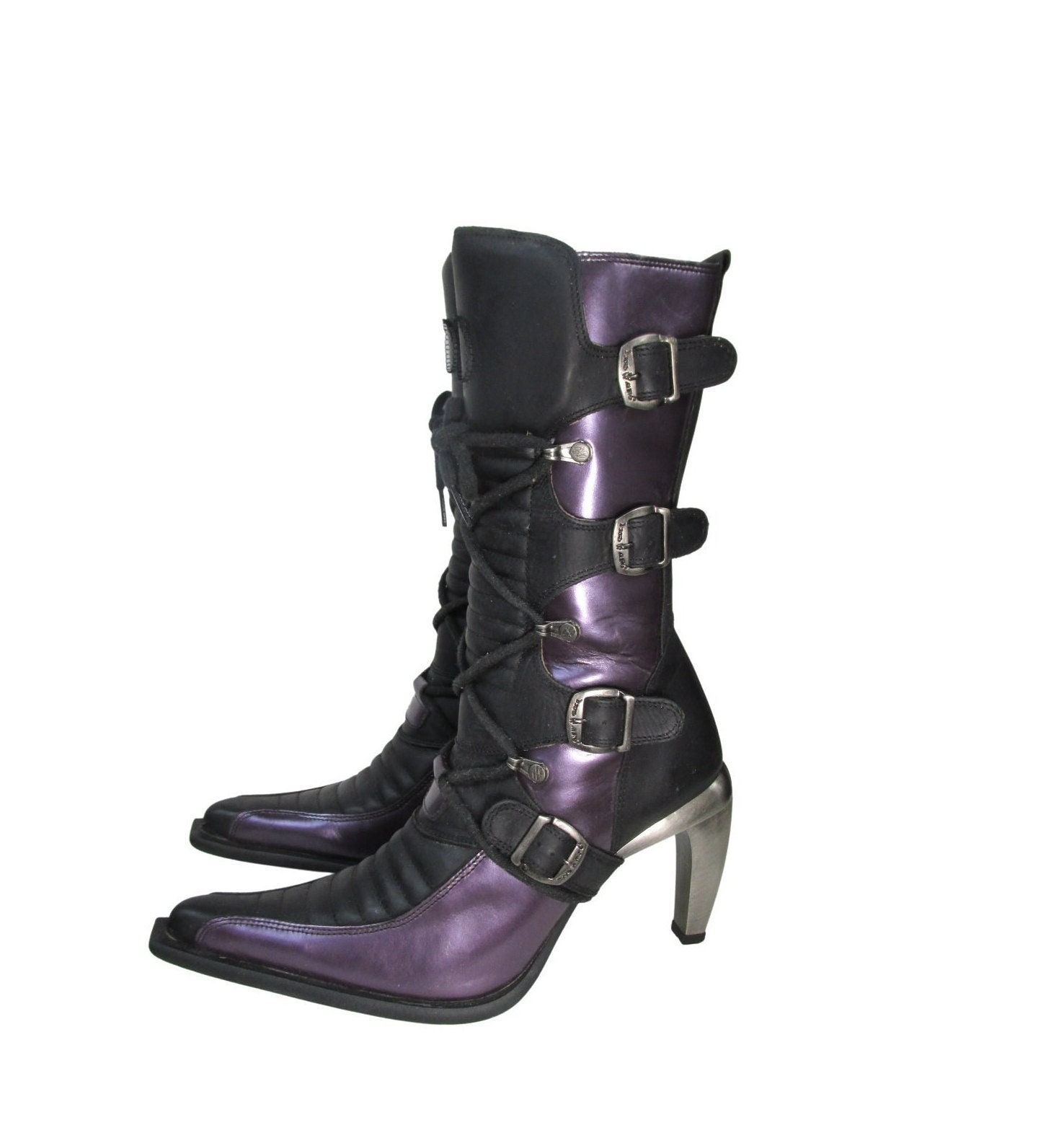 New Rock Womens Black and Purple Leather Pointed Toe 4 Buckle Boots with Steel heels Made in Spain Euro Sz 38 Fits Womens US Size 7 1/2