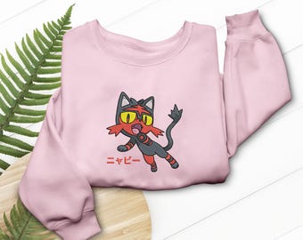 Sudadera con capucha y camiseta bordada de Litten, sudadera con capucha de anime Fire Starter, adorable gato, regalos de manga