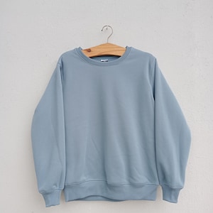 May include: A light blue sweatshirt hangs on a wooden hanger against a white wall. The crew neck sweatshirt has long sleeves and ribbed cuffs and hem. The casual top is a solid color and appears to be made of a soft material.