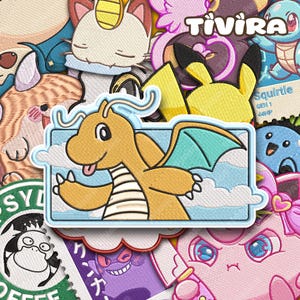 May include: A rectangular embroidered patch featuring a yellow dragon-like creature with teal wings and a cream-colored belly, set against a light blue sky with white clouds. The patch is surrounded by various other colorful character patches.