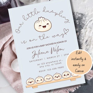 Onze kleine knoedel is onderweg Uitnodiging babyshower | Leuk voedselthema | Babyshower met kawaii knoedels | Bewerkbare canvassjabloon