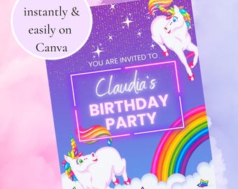 Unicorn Birthday Invitation Template: 90's Retro Style (Digital Download)
