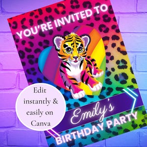Puede incluir: Una invitación colorida a una fiesta de cumpleaños con un cachorro de tigre de dibujos animados sobre un fondo de corazón arcoíris. El texto "You're Invited To" está en la parte superior de la invitación y "Emily's Birthday Party" está en la parte inferior.