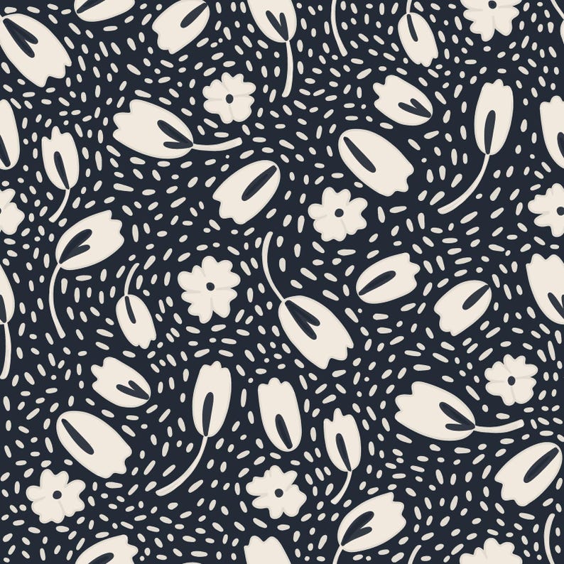 May include: A repeating pattern of cream-coloured flowers and tulip-shaped forms on a dark navy blue backdrop. Small white dots fill the spaces between the floral elements, creating a textured effect. Suitable for fabric or wallpaper.