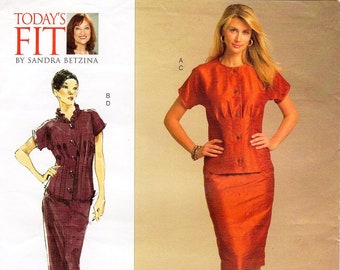 Bust 32" to 55" - Vogue Dress Pattern V1045 by SANDRA BETZINA - Misses' Button Front Top with Tucks, & Straight Skirt in Two Lengths - Oop