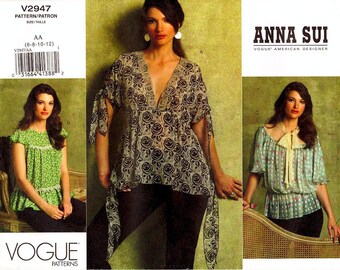 Vogue Sewing Pattern V2947 by ANNA SUI - Misses' Blouse in Three Variations - (Size 6/8/10/12)