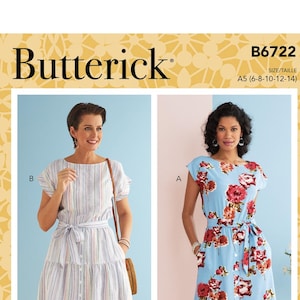 May include: Butterick sewing pattern B6722, size A5 (6-8-10-12-14), features two dress variations. View B is a white dress with vertical multicolored stripes, while View A is a light blue dress with a red and white floral print. Both have tie waists.