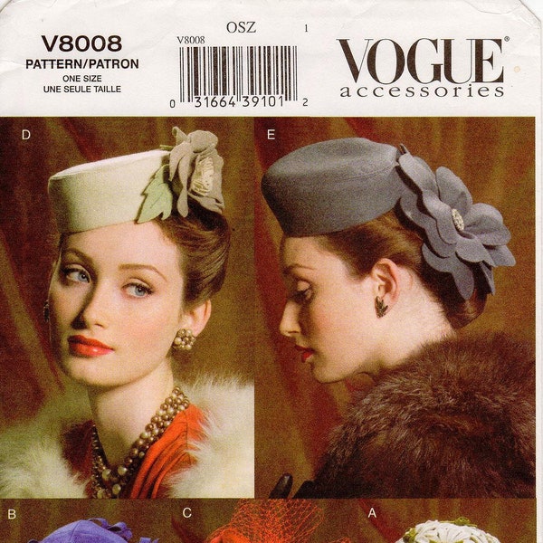 Vogue Hat Pattern V8008 - Misses' Vintage Style Pillbox/Fascinator Hats in Five Variations - One Size Pattern - Vogue Accessories Pattern