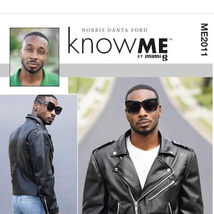 May include: A black leather jacket with a belted waist and multiple zipper details. The image also includes a headshot of a man wearing sunglasses and a green shirt, and the text "knowME" by mimi g.