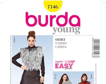 Puede incluir: Patrón de costura Burda Young número 7146 para una camisa, una camiseta o una blusa. El patrón incluye las tallas 34 a 46 en talla europea y las tallas 8 a 20 en talla estadounidense. El patrón está etiquetado como "super fácil" e incluye instrucciones para hacer una camisa de cuello alto, una camisa de cuello redondo y una camisa de cuello redondo.