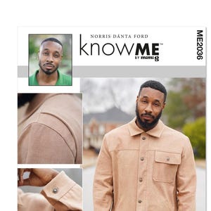 以下が含まれることがあります： ボタン留めと2つのフロントポケットが付いたタンジャケット。画像には、ヘッドショットとジャケットの詳細ショットが含まれています。「KNOW ME」と「NORRIS DANTA FORD」の文字が見えます。パターン番号はME2036です。