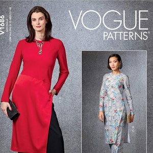 May include: Vogue Patterns sewing pattern for a long tunic with a side slit and wide-leg trousers. The pattern includes two versions: one in red and one in a floral print. The pattern number is V1686.