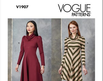 Vogue Sewing Pattern V1907 - Misses' Cowl Neckline, Raised Waist, Fit and Flare Dress in Two Lengths  (Sz 8/10/12/14/16)