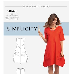 May include: A woman models a bright red dress with short sleeves and large pockets. The dress is part of a Simplicity sewing pattern, S8640, with size information in U.S. and European sizes. The pattern includes diagrams of the dress design.
