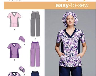 May include: Simplicity easy-to-sew pattern 1020 for medical scrubs. The pattern includes a scrub top, pants, and cap. The scrub top is available in various colors and patterns. The model is wearing a floral print scrub top and navy blue pants.