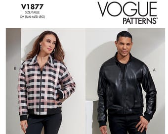 Vogue Sewing Pattern V1877: Misses' or Men's Loose-Fitting, Lined, Bomber Jacket in 2 Options (Sz S/M/L)