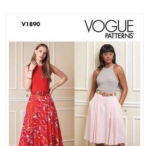 May include: Vogue Patterns V1890. Two women model dresses. One wears a red top and floral skirt, the other a gray top and pink skirt. Both outfits have belts. The Vogue logo is at the top. Designed and printed in the USA.