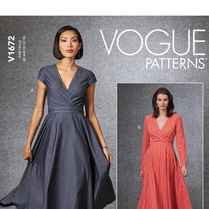 May include: Vogue Patterns V1672 sewing pattern featuring two wrap dresses. One dress is a dark blue, knee-length design with short sleeves. The other is a long-sleeved, red and orange striped dress.
