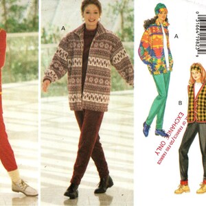 May include: A sewing pattern for a women's jacket and vest. The pattern includes three different styles: a patterned jacket, a solid vest, and a patterned vest. The pattern is from Butterick and is size 6-8-10.