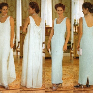 May include: A sewing pattern for a long, sleeveless dress with a scoop neck. The pattern is from Butterick and is designed by Nicole Miller. The pattern is for sizes 8-10-12.