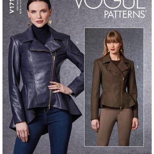 Vogue Sewing Pattern V1714 - Misses' Close-Fitting, Lined, Peplum Jacket w/ Asymmetrical Zipper Closure & Length Options (Sz 8/10/12/14/16)
