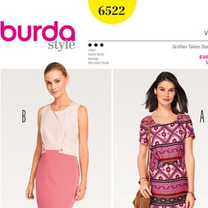 Burda Sewing Pattern 6473 - Misses&#39; Fitted, Round Neck, Sheath Dress w/Buttoned Waistband Pleats in Two Options - Burda Style - Sz 8 thru 18