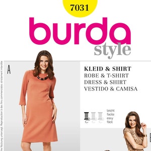 Patrón de costura Burda 7031: vestido semiajustado con escote barco para mujer en dos opciones o top/camiseta - Patrones Burda Style - Tallas 10 a 20