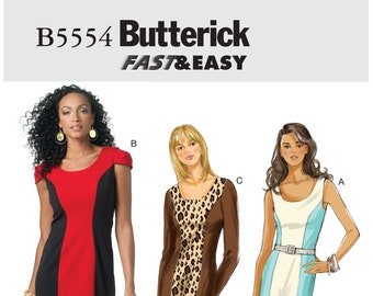 Sz 8/10/12/14 - Butterick Dress Pattern B5554 - Misses' Scoop Neck, Princess Seam, Color Blocked, Fitted Straight Dress in 3 Sleeve Options