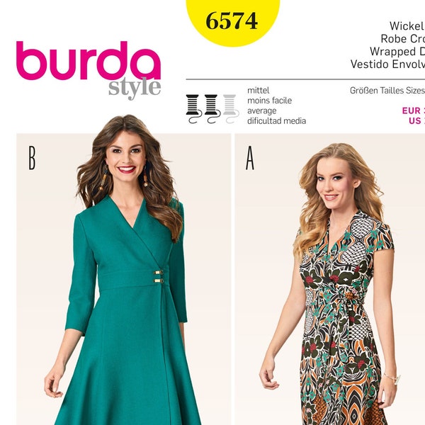 Burda Sewing Pattern 6574 - Misses' Flared Wrap Dress with V-Neck, Side Button/Tie Closure Optional Dipped Hem - Burda Style - Sz 10 thru 20