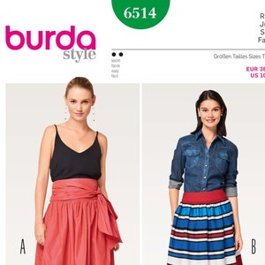 May include: A sewing pattern for two skirts. The first skirt is a long, red, tiered skirt with a wide, tied waistband. The second skirt is a shorter, striped skirt with red, white, and blue stripes. The pattern is labeled "burda style" and includes sizes EUR 36-46 and US 10-20.