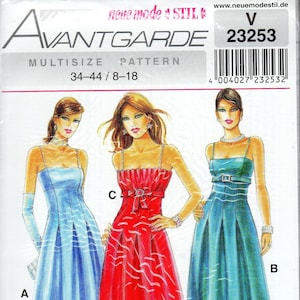 Sz 8 to 18 - Neue Mode Dress Pattern V23253 - Misses&#39; Sleeveless, Empire Dress with Released Pleats in Three Options - Neue Mode Avantgarde
