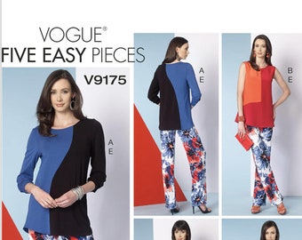 May include: Vogue Five Easy Pieces V9175 pattern featuring color-blocked tops and dresses, paired with floral print pants and solid black pants. The designs include long and short sleeves, and sleeveless options.