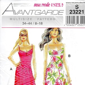 May include: A sewing pattern for two dresses. The pattern is called Avantgarde and the pattern number is 23221. The pattern is for sizes 34-44 and 8-18. One dress is a solid pink and the other is a white dress with a floral print. The pattern is from the company Neue Mode Stil.