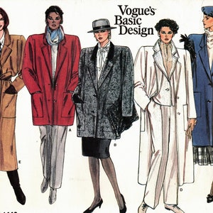 May include: Five different coat designs from Vogue's Basic Design pattern 1446. The coats are in various colors and styles, including a long brown coat with a belt, a red coat with a scarf, a gray coat with a white collar, a white coat with a belt, and a blue coat with a plaid skirt.