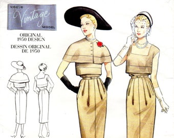 Sz 14 Bust 36" - Vogue Pattern V309 - Misses' Capelet and Tiered Bodice, One Piece Dress with Belt - Vogue Vintage Model 1950 Dress Pattern